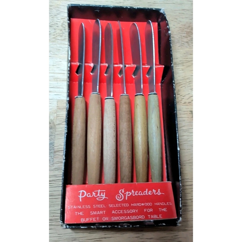 Set of 6 Vtg Japan Stainless 6⅛" Butter Spreader Cheese Knife Server Wood Handle